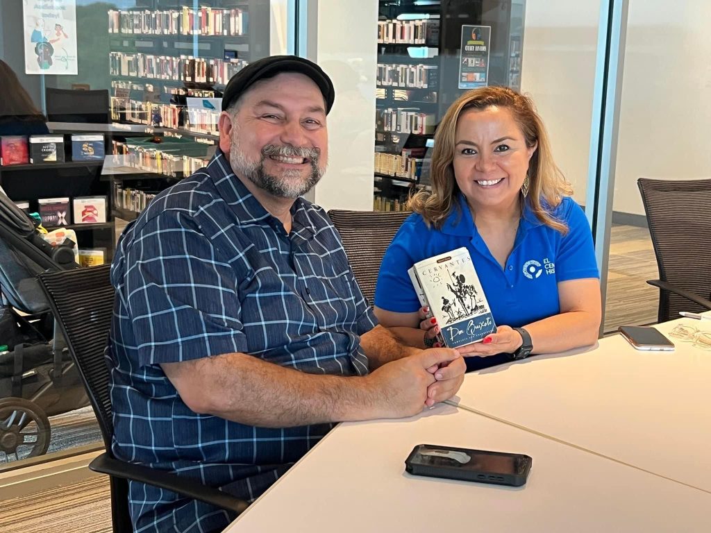 Rafael Osuba, El Quijote & Lisbeth Hickey, Eduaction Manager at 2023 Hispanic Heritage Book Fair