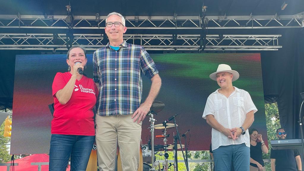 Pilar Rocha, President & CEO of El Centro Hispano, Damon Seils, Carrboro Mayor & Art Ehuan, Board Chair of El Centro Hispano, celebrating at LATAM FEST 2023